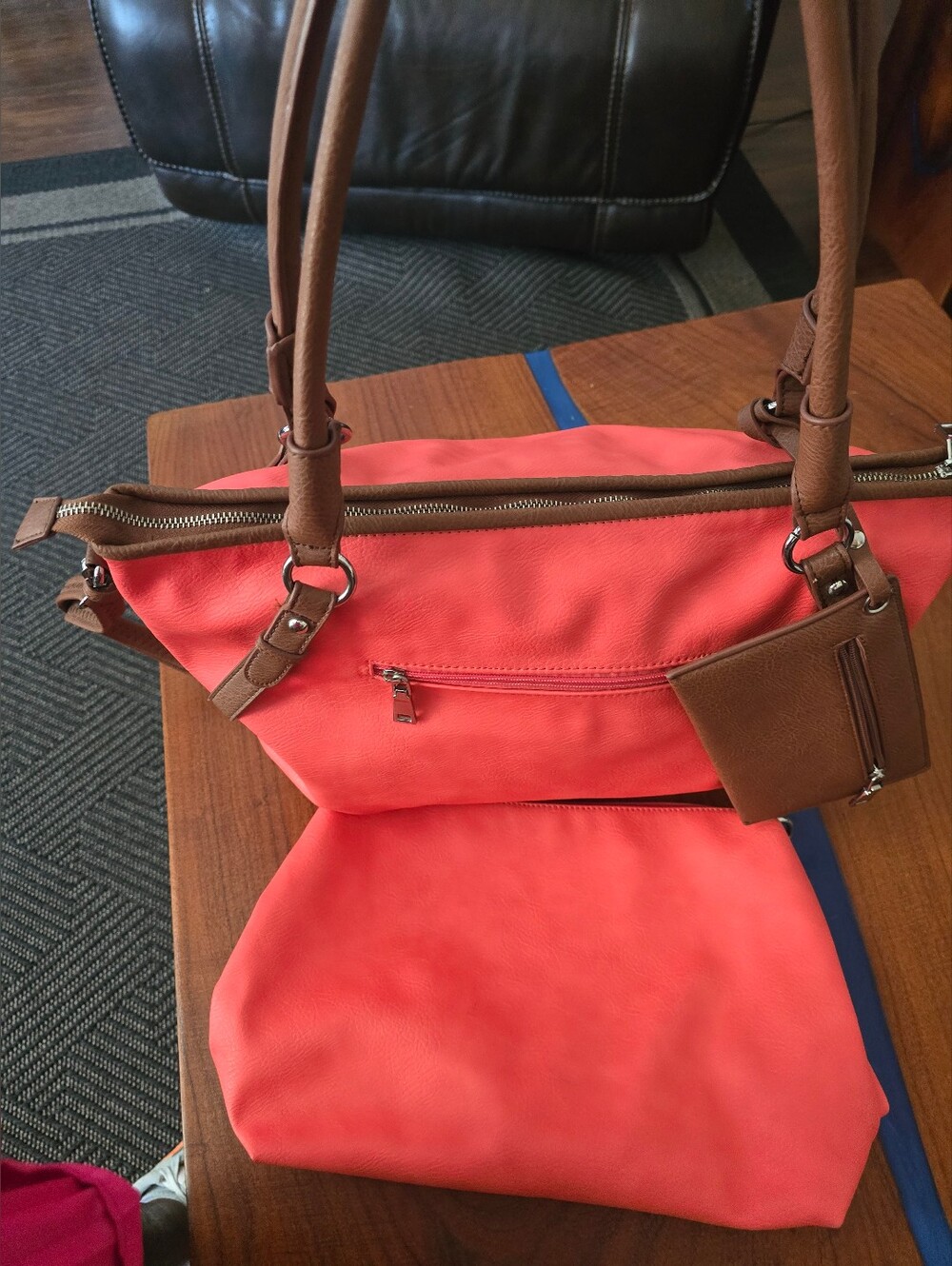Coral Pink Shoulder Bag & Brown Trim - Classic Everyday Tote 3 In 1 Black Rivet - Picture 5 of 16